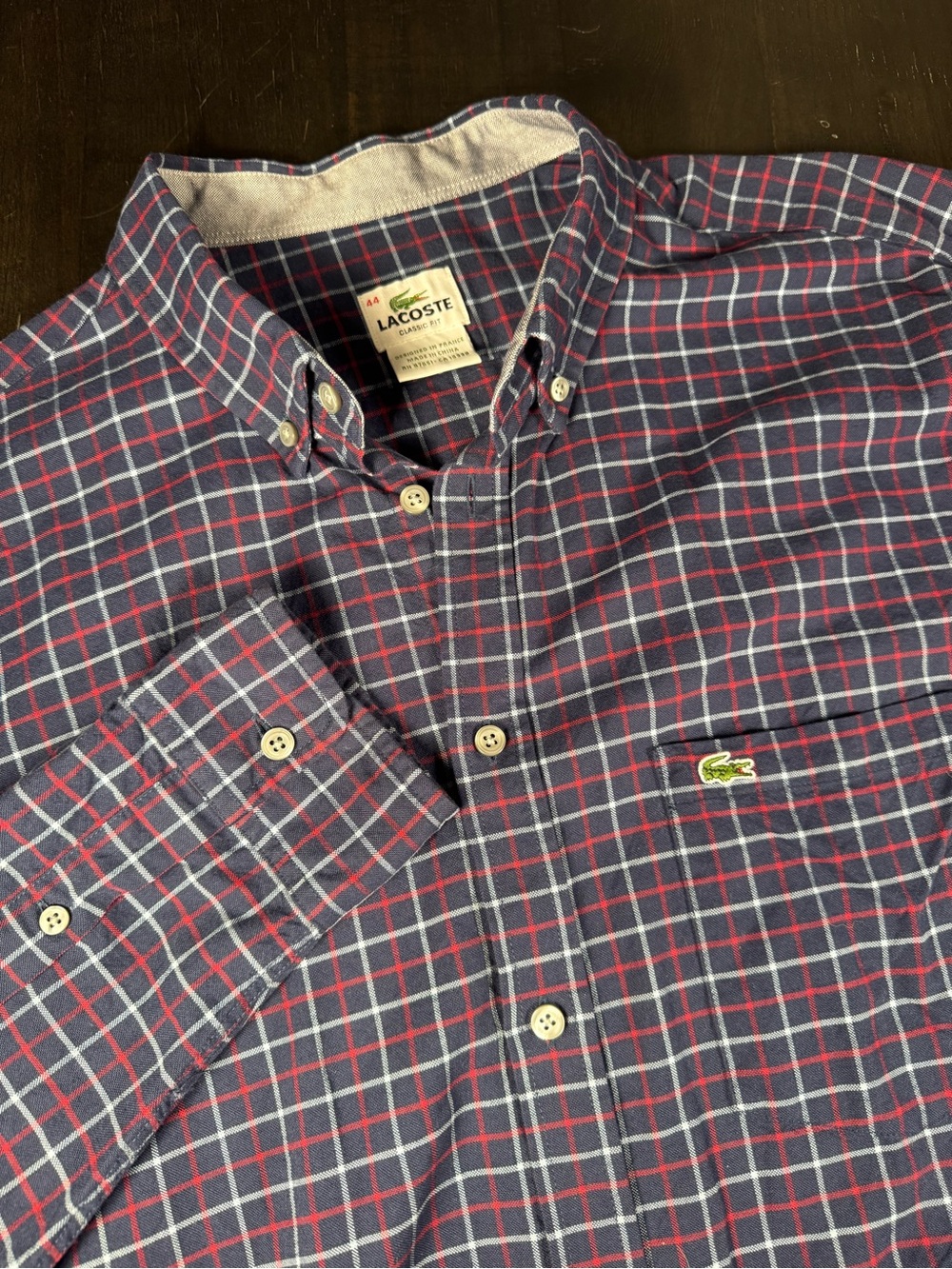 Lacoste Men 44 Classic Fit Plaid Button Down Shirt Blue Red White CH3220 Large